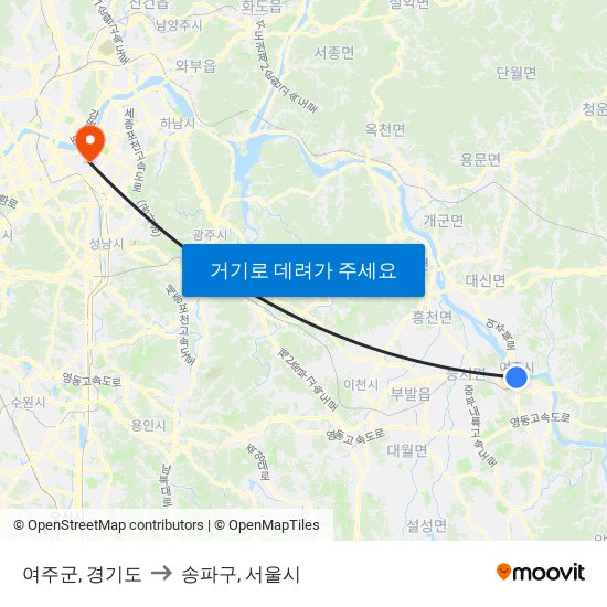 여주군, 경기도 to 송파구, 서울시 map