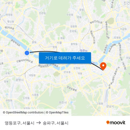 영등포구, 서울시 to 송파구, 서울시 map