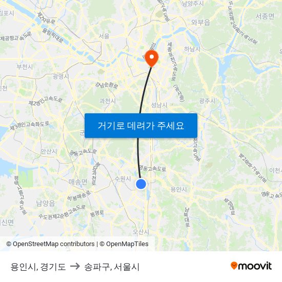 용인시, 경기도 to 송파구, 서울시 map