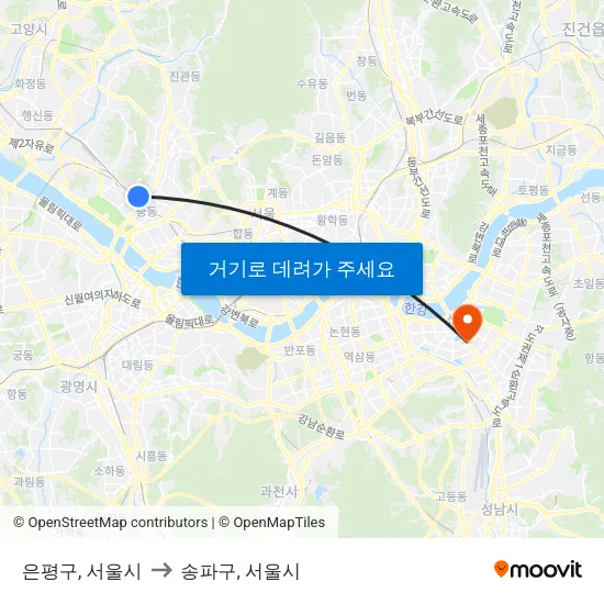 은평구, 서울시 to 송파구, 서울시 map