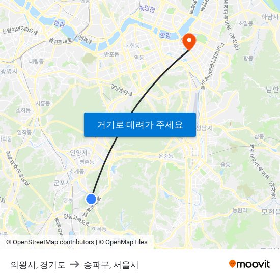 의왕시, 경기도 to 송파구, 서울시 map