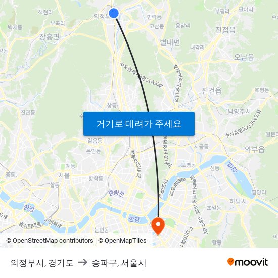 의정부시, 경기도 to 송파구, 서울시 map