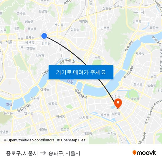 종로구, 서울시 to 송파구, 서울시 map