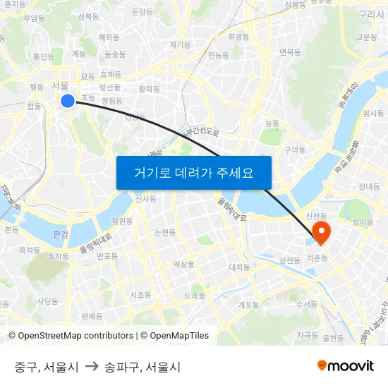 중구, 서울시 to 송파구, 서울시 map
