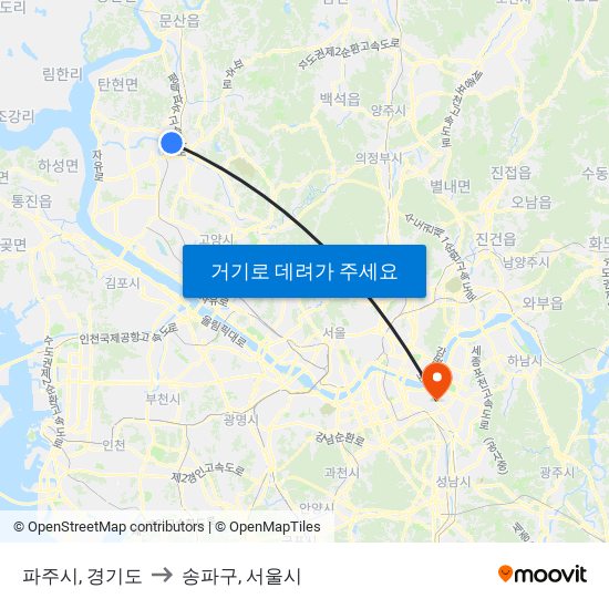 파주시, 경기도 to 송파구, 서울시 map