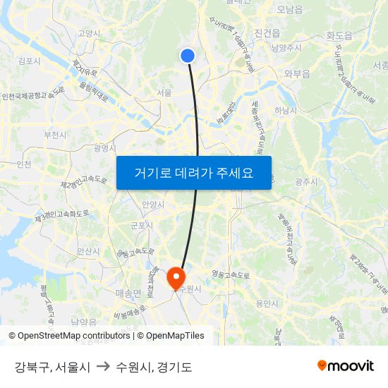 강북구, 서울시 to 수원시, 경기도 map