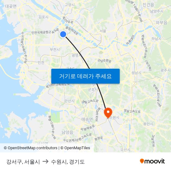 강서구, 서울시 to 수원시, 경기도 map