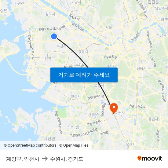 계양구, 인천시 to 수원시, 경기도 map