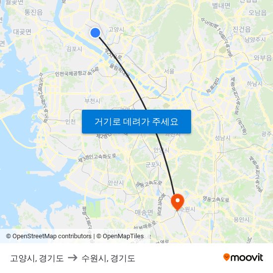 고양시, 경기도 to 수원시, 경기도 map