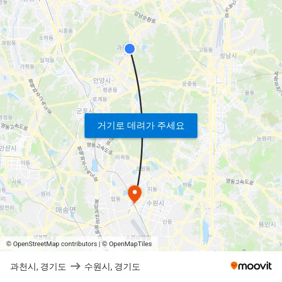 과천시, 경기도 to 수원시, 경기도 map