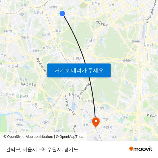 관악구, 서울시 to 수원시, 경기도 map