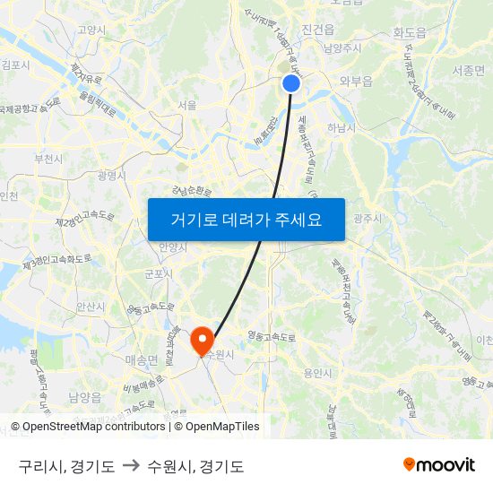 구리시, 경기도 to 수원시, 경기도 map