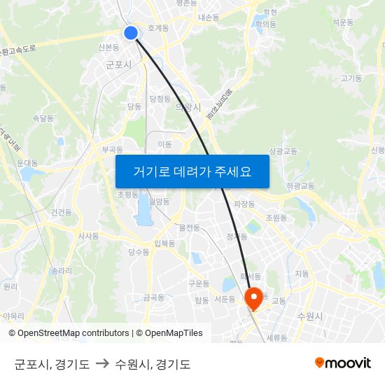 군포시, 경기도 to 수원시, 경기도 map