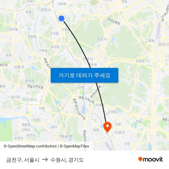 금천구, 서울시 to 수원시, 경기도 map