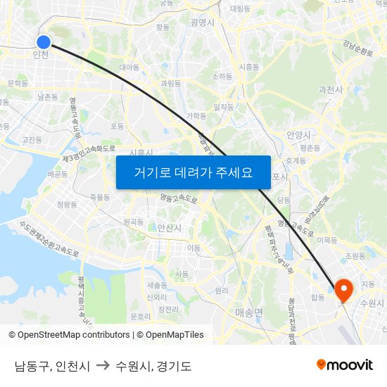 남동구, 인천시 to 수원시, 경기도 map