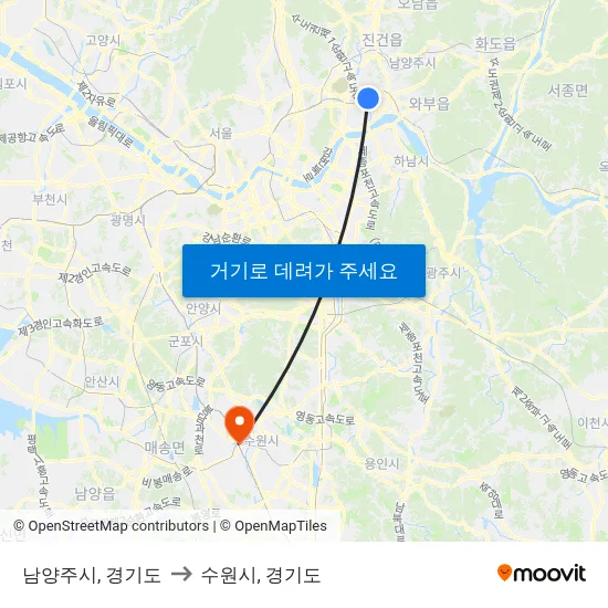남양주시, 경기도 to 수원시, 경기도 map