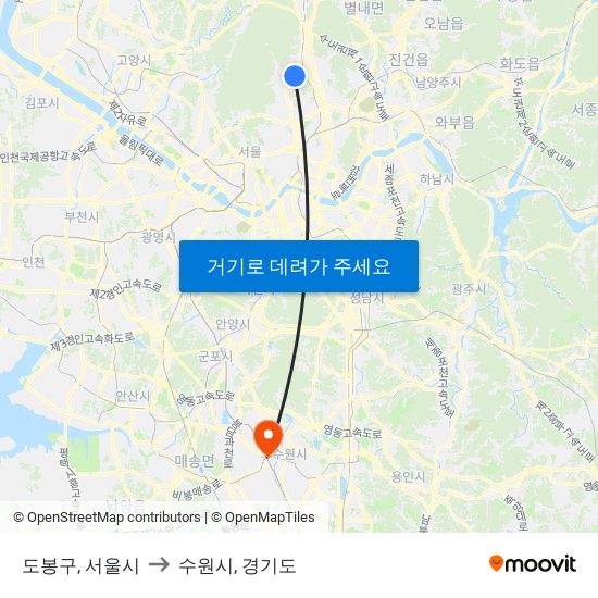 도봉구, 서울시 to 수원시, 경기도 map