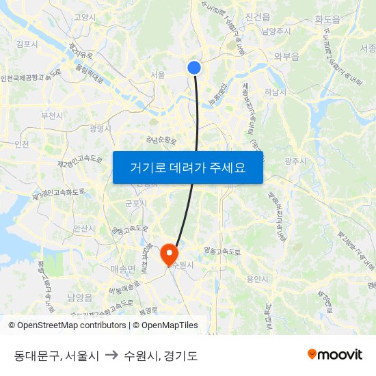 동대문구, 서울시 to 수원시, 경기도 map