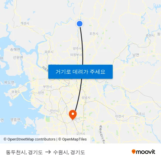 동두천시, 경기도 to 수원시, 경기도 map