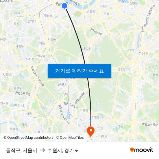 동작구, 서울시 to 수원시, 경기도 map