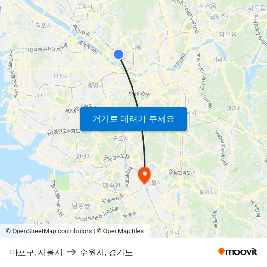마포구, 서울시 to 수원시, 경기도 map