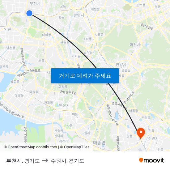 부천시, 경기도 to 수원시, 경기도 map