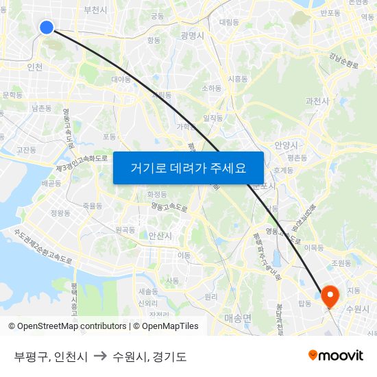 부평구, 인천시 to 수원시, 경기도 map