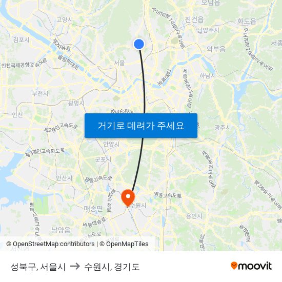 성북구, 서울시 to 수원시, 경기도 map