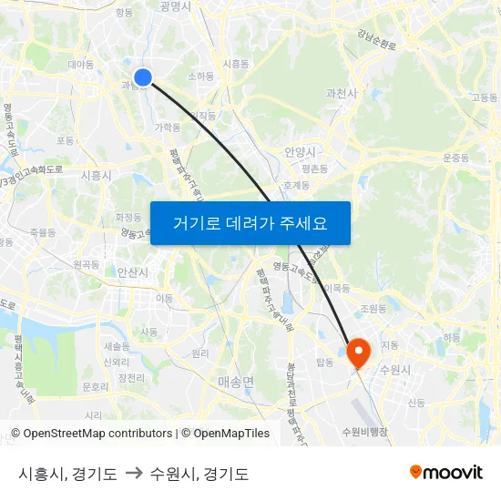시흥시, 경기도 to 수원시, 경기도 map
