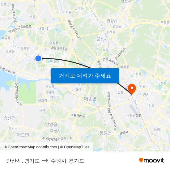 안산시, 경기도 to 수원시, 경기도 map