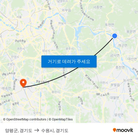 양평군, 경기도 to 수원시, 경기도 map