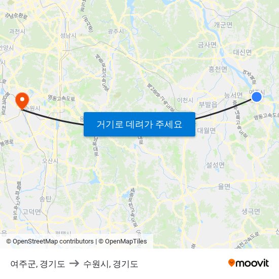 여주군, 경기도 to 수원시, 경기도 map