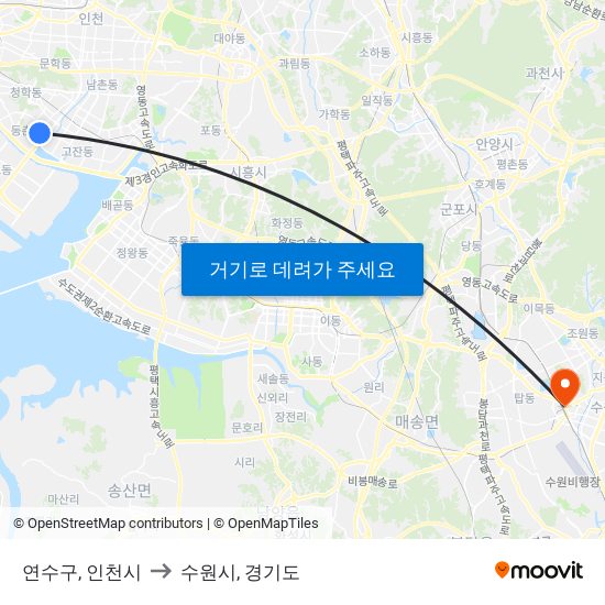 연수구, 인천시 to 수원시, 경기도 map