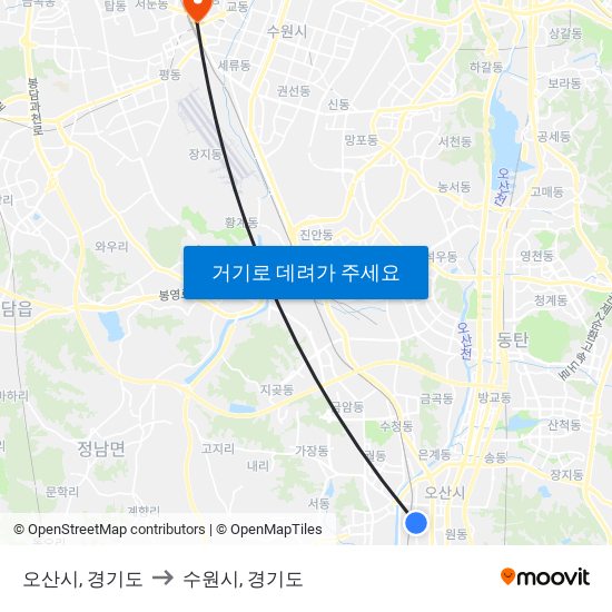 오산시, 경기도 to 수원시, 경기도 map