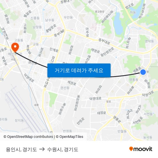 용인시, 경기도 to 수원시, 경기도 map