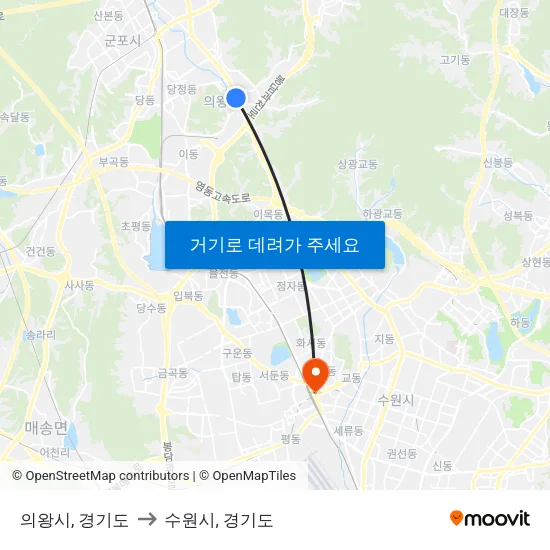 의왕시, 경기도 to 수원시, 경기도 map