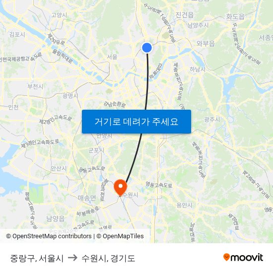 중랑구, 서울시 to 수원시, 경기도 map