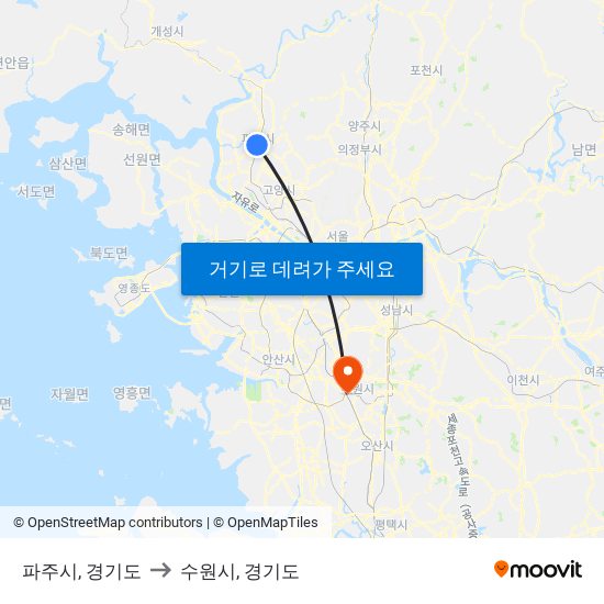 파주시, 경기도 to 수원시, 경기도 map