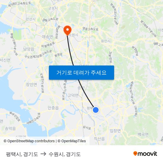 평택시, 경기도 to 수원시, 경기도 map