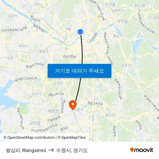 왕십리 Wangsimni to 수원시, 경기도 map