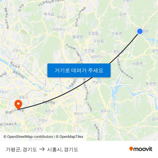 가평군, 경기도 to 시흥시, 경기도 map