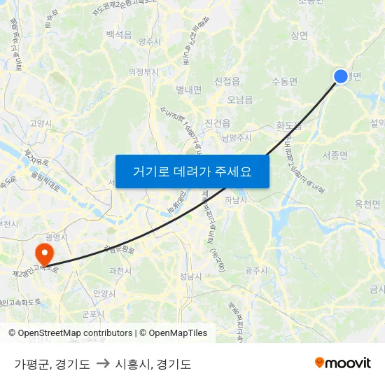가평군, 경기도 to 시흥시, 경기도 map