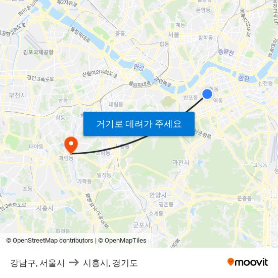 강남구, 서울시 to 시흥시, 경기도 map