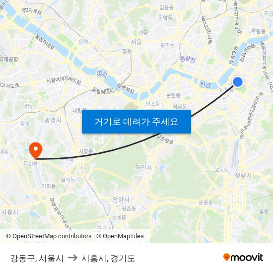강동구, 서울시 to 시흥시, 경기도 map