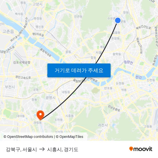 강북구, 서울시 to 시흥시, 경기도 map