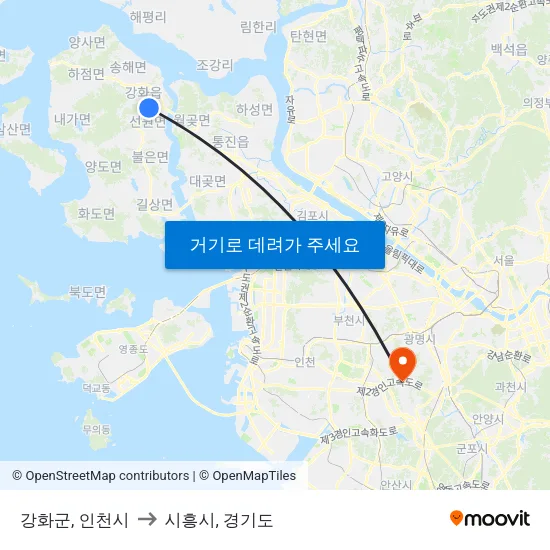 강화군, 인천시 to 시흥시, 경기도 map