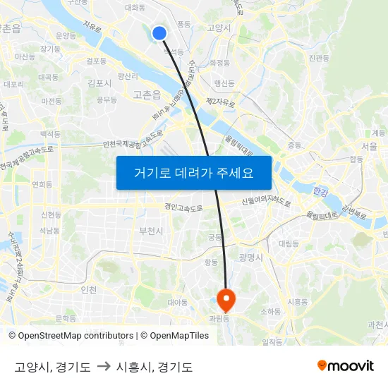 고양시, 경기도 to 시흥시, 경기도 map