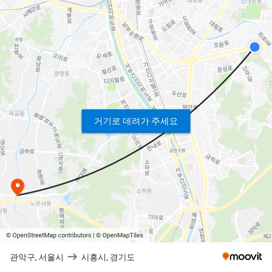 관악구, 서울시 to 시흥시, 경기도 map