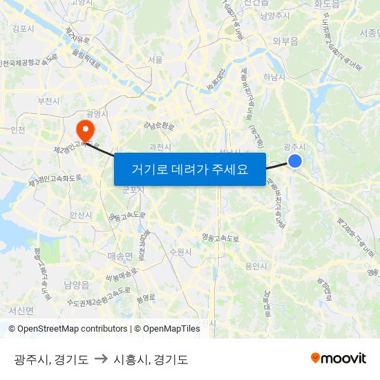 광주시, 경기도 to 시흥시, 경기도 map