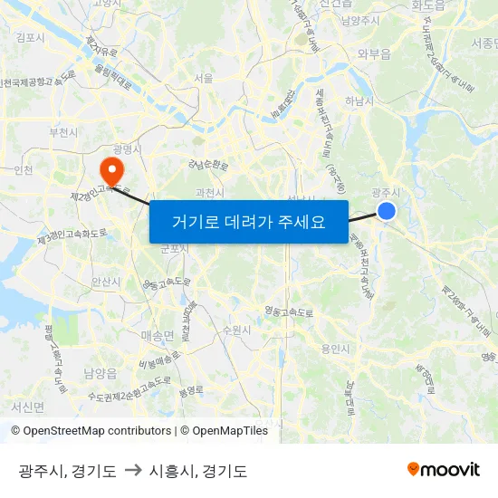광주시, 경기도 to 시흥시, 경기도 map
